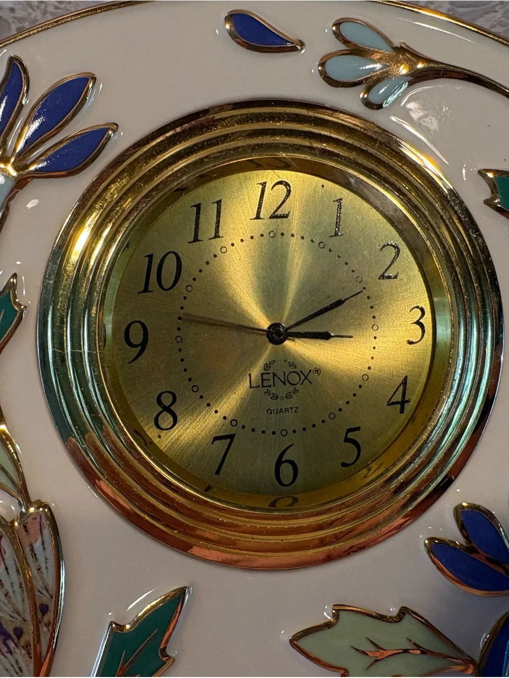 Lenox Gilded Garden porcelain desk clock feat Blue Floral & butterflies